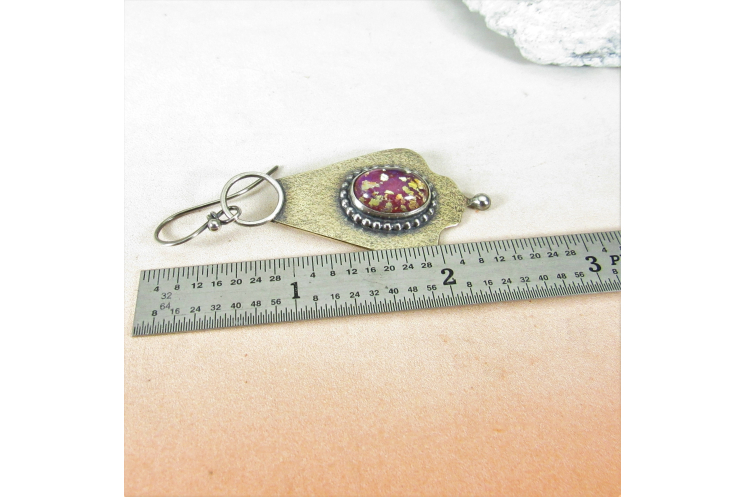 Exotic Bronze, Sterling Silver And Vintage Pink Glass Cabochon Earrings