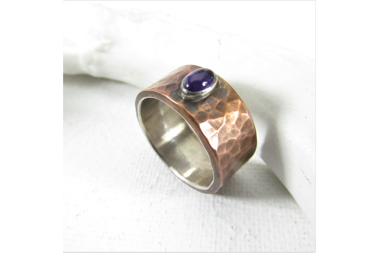 Size 6 Fine Silver Lined Hammered Copper Ring With Amethyst