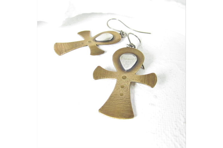 Handcrafted Bronze And Sterling Silver Ankh Earrings