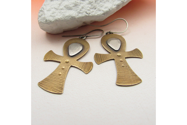 Handcrafted Bronze And Sterling Silver Ankh Earrings