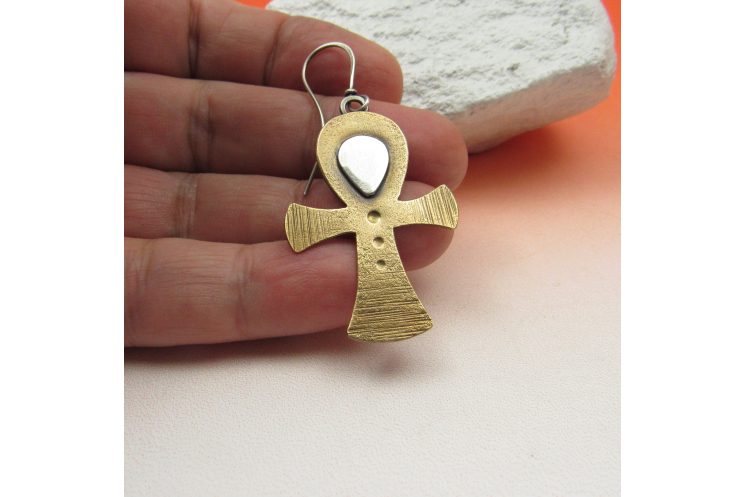 Handcrafted Bronze And Sterling Silver Ankh Earrings