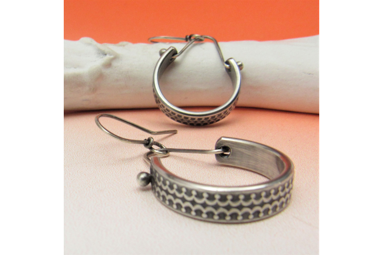 Patterned Sterling Silver Dangle Hoop Earrings