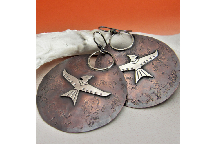 Phoenix Earrings, Mythological Extra Large Mixed Metal Bird Earrings
