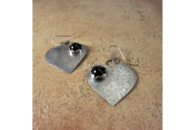 Large Black Onyx Heart Earrings