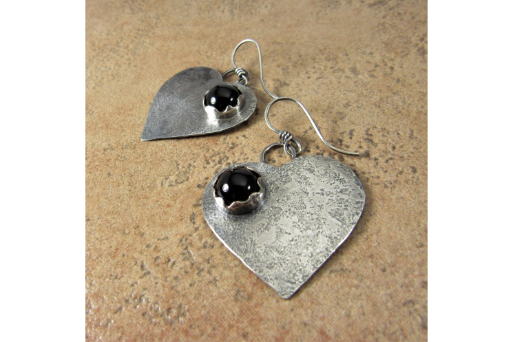 Large Black Onyx Heart Earrings