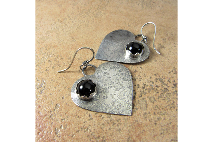 Large Black Onyx Heart Earrings