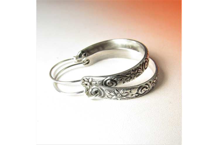 Large Sterling Silver Floral Pattern Hoop Earrings