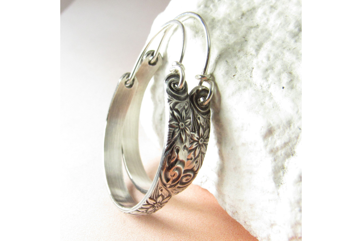 Large Sterling Silver Floral Pattern Hoop Earrings