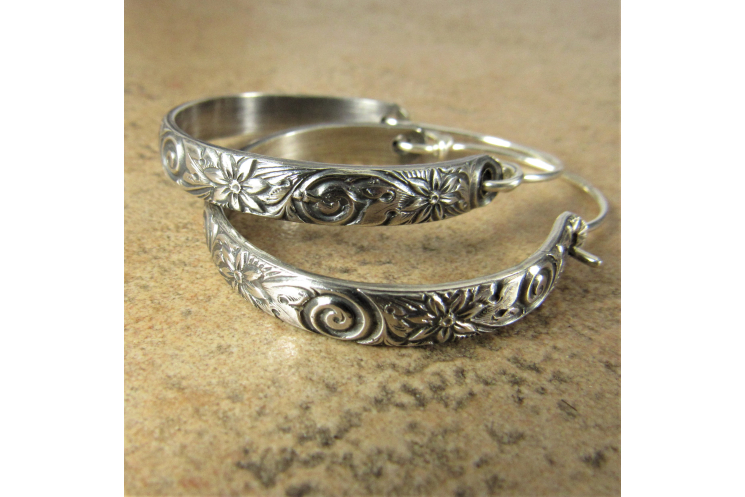 Large Sterling Silver Floral Pattern Hoop Earrings