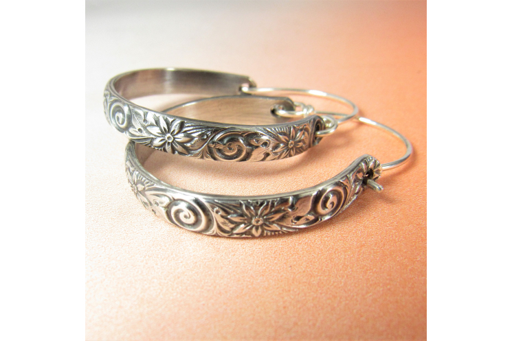 Large Sterling Silver Floral Pattern Hoop Earrings