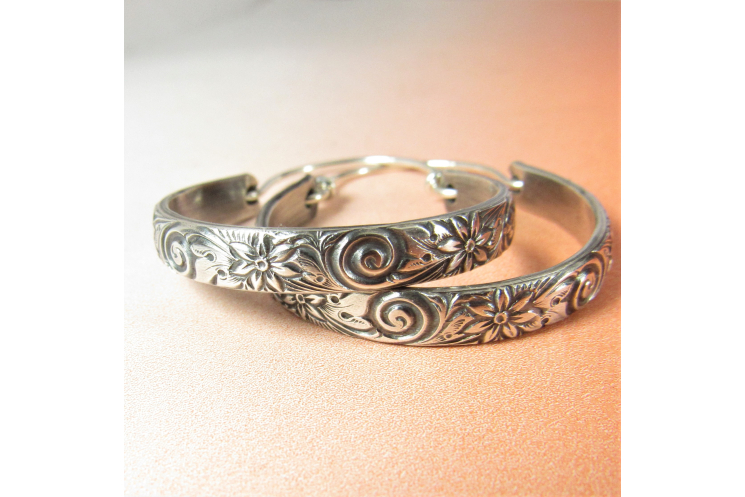 Large Sterling Silver Floral Pattern Hoop Earrings