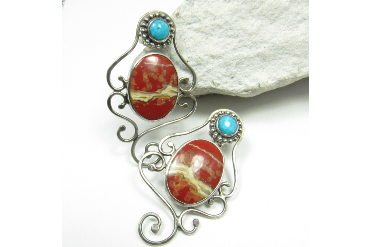 Red Jasper And Turquoise Earrings - Image 1