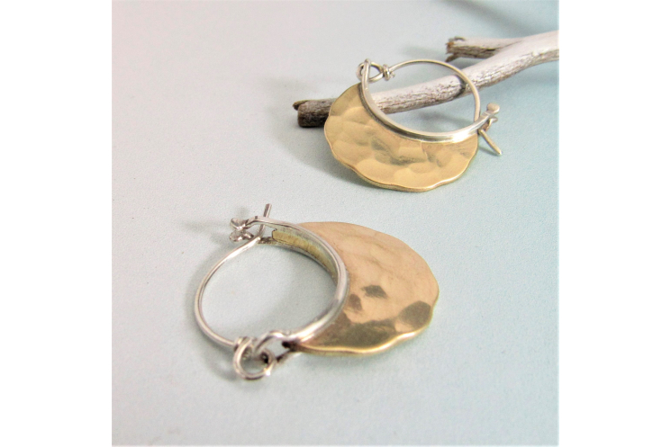 Small Rustic Sterling Silver And Hammered Bronze Hoop Earrings