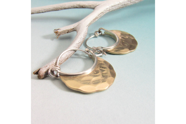 Small Rustic Sterling Silver And Hammered Bronze Hoop Earrings