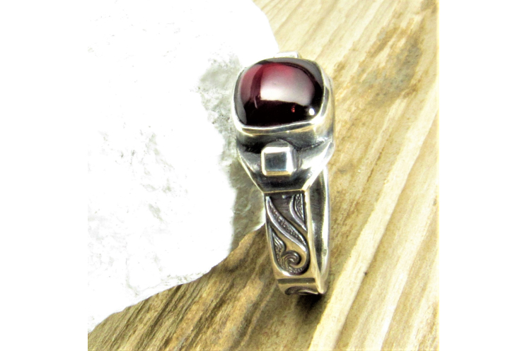 Unisex Argentium Sterling Silver And Cushion Cut Garnet Ring