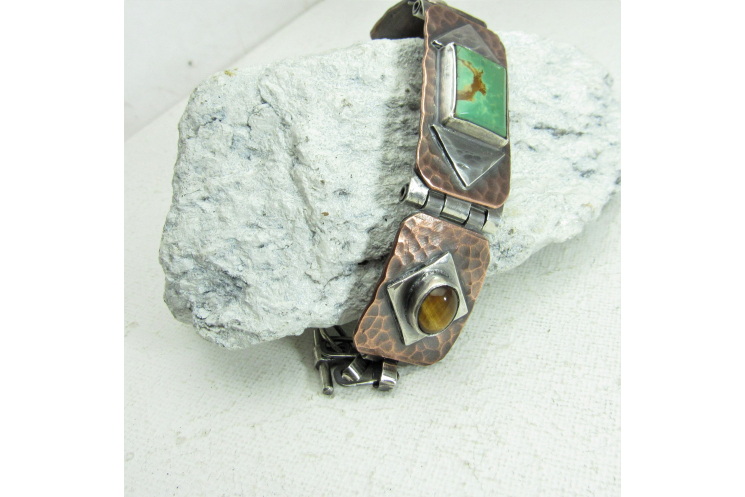 Sterling Silver, Copper, Tigers Eys And Turquoise One Of A Kind, Unisex Bracelet