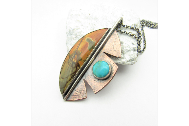Cherry Creek Jasper And Turquoise Leaf Necklace In Sterling Silver And Copper