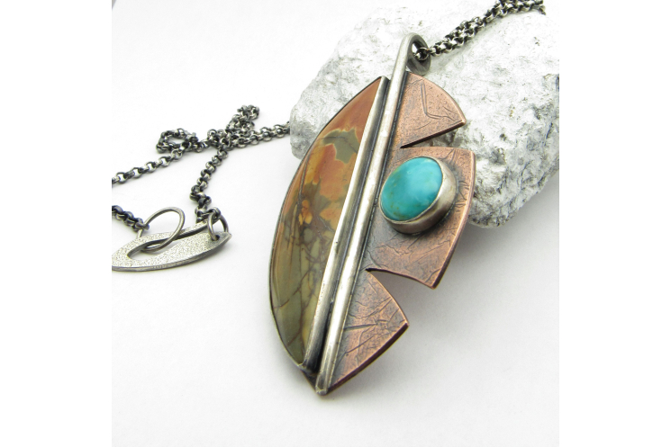 Cherry Creek Jasper And Turquoise Leaf Necklace In Sterling Silver And Copper