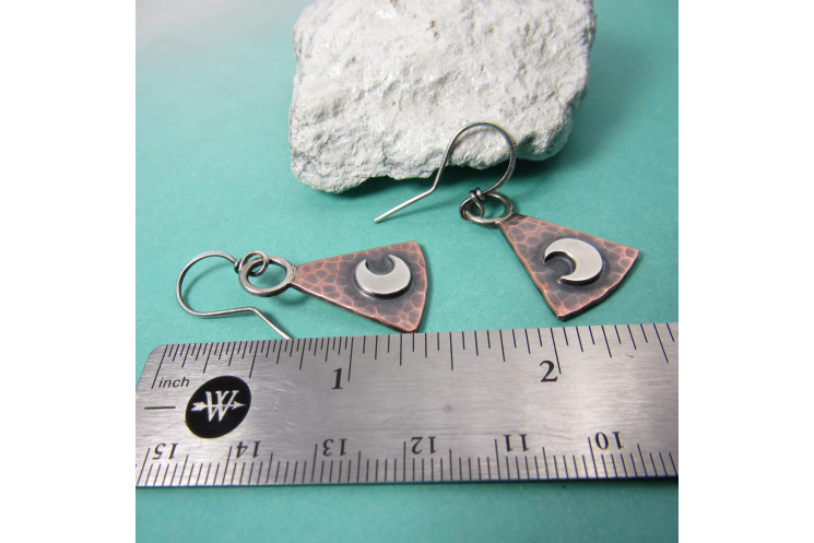 Copper And Sterling Silver Trapezoid Moon Earrings, Mixed Metal Lunar Jewelry By