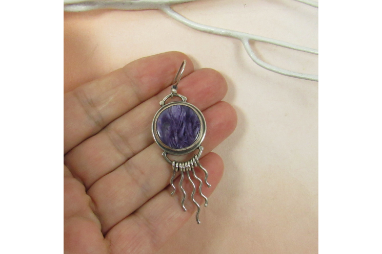 Argentium Sterling Silver Earrings With Purple Charoite Cabochons And Curvy Silv