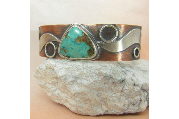 Sterling Silver, Copper And Turquoise Cuff Bracelet By Mocahete
