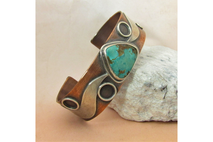 Sterling Silver, Copper And Turquoise Cuff Bracelet By Mocahete