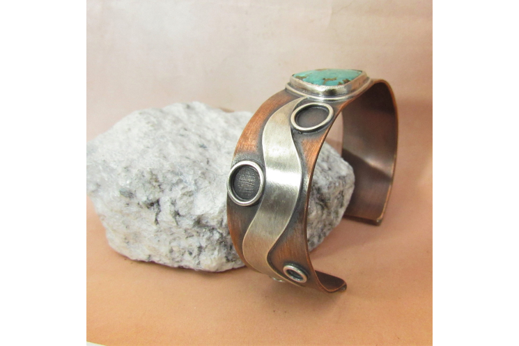 Sterling Silver, Copper And Turquoise Cuff Bracelet By Mocahete