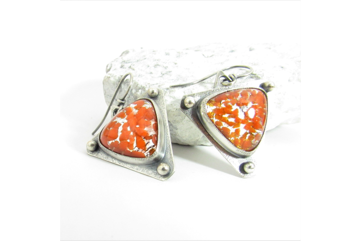 Argentium Sterling Silver Earrings With Vintage Japanese Sparkly Orange Glass Ca