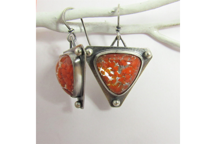 Argentium Sterling Silver Earrings With Vintage Japanese Sparkly Orange Glass Ca
