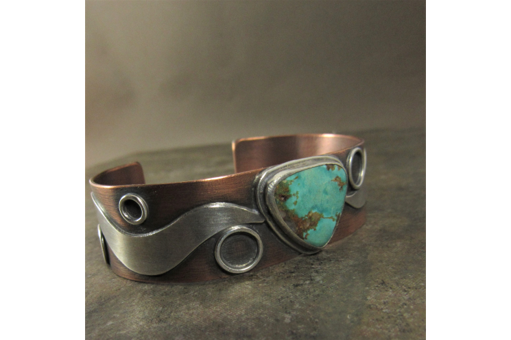Sterling Silver, Copper And Turquoise Cuff Bracelet By Mocahete