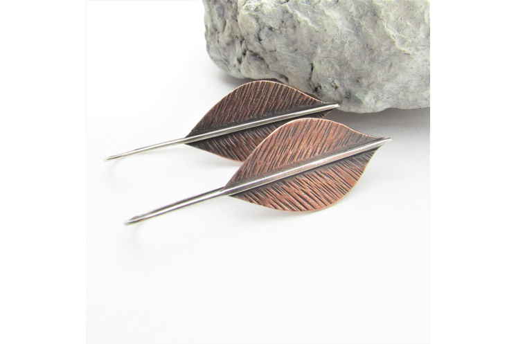 Long Mixed Metal Copper Leaf Earrings, Two Tone Botanical Jewelry By Mocahete