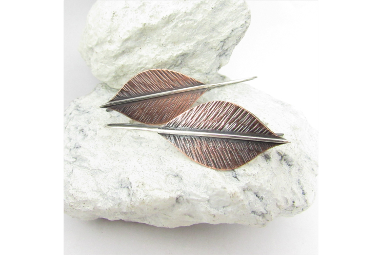 Long Mixed Metal Copper Leaf Earrings, Two Tone Botanical Jewelry By Mocahete