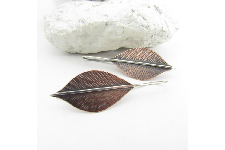 Long Mixed Metal Copper Leaf Earrings, Two Tone Botanical Jewelry By Mocahete