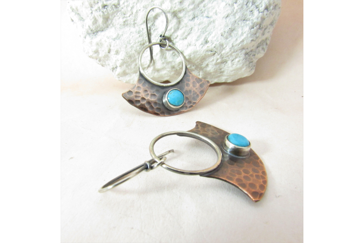 Hammered Copper And Turquoise Earrings