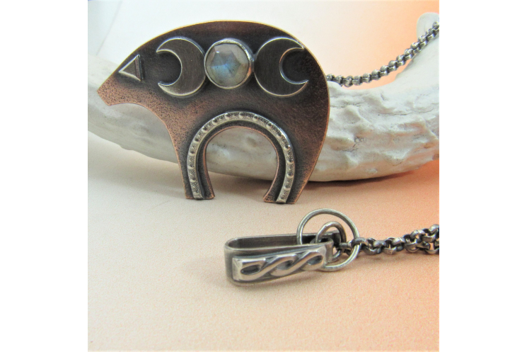 Triple Goddess Celtic Bear Necklace In Mixed Metal With Labradorite Cabochon