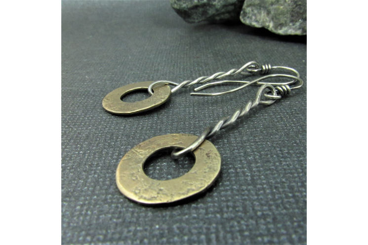 Bronze Disk Earrings With Argentium Sterling Silver, Mixed Metal Earrings