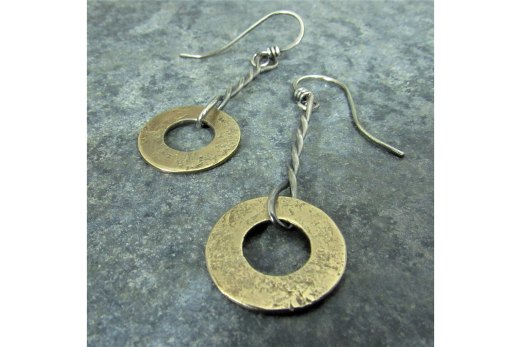 Bronze Disk Earrings With Argentium Sterling Silver, Mixed Metal Earrings