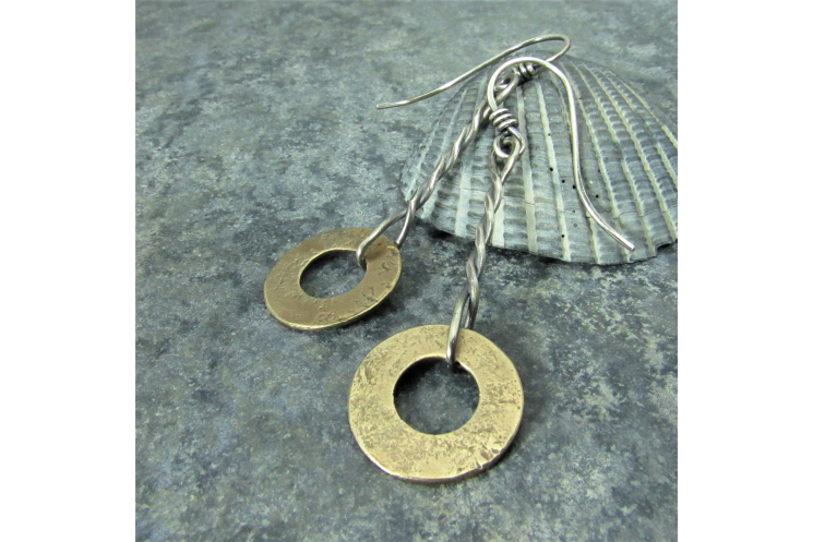 Bronze Disk Earrings With Argentium Sterling Silver, Mixed Metal Earrings