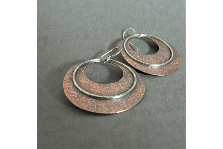 Swingy Gypsy Style Hoops, Two Tone, Mixed Metal Sterling Silver And Copper Earri