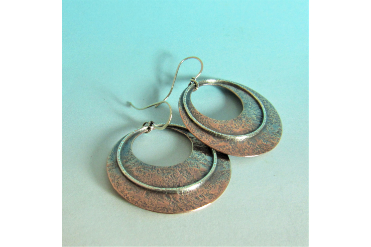 Swingy Gypsy Style Hoops, Two Tone, Mixed Metal Sterling Silver And Copper Earri