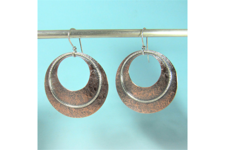 Swingy Gypsy Style Hoops, Two Tone, Mixed Metal Sterling Silver And Copper Earri