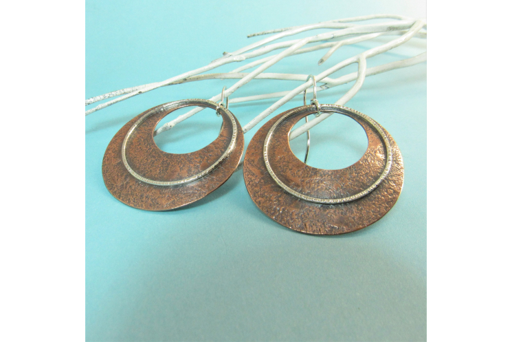 Swingy Gypsy Style Hoops, Two Tone, Mixed Metal Sterling Silver And Copper Earri