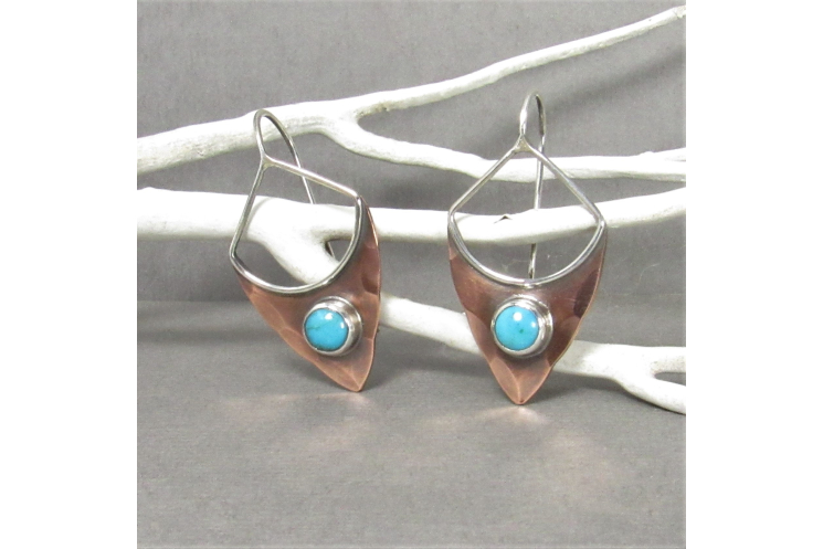 Rustic Silver And Copper Turquoise Pixie Shield Earrings