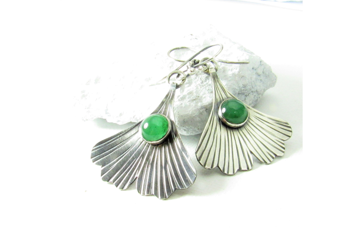 Contemporary Sterling Silver Ginkgo Leaf Earrings Set With Green Adventurine