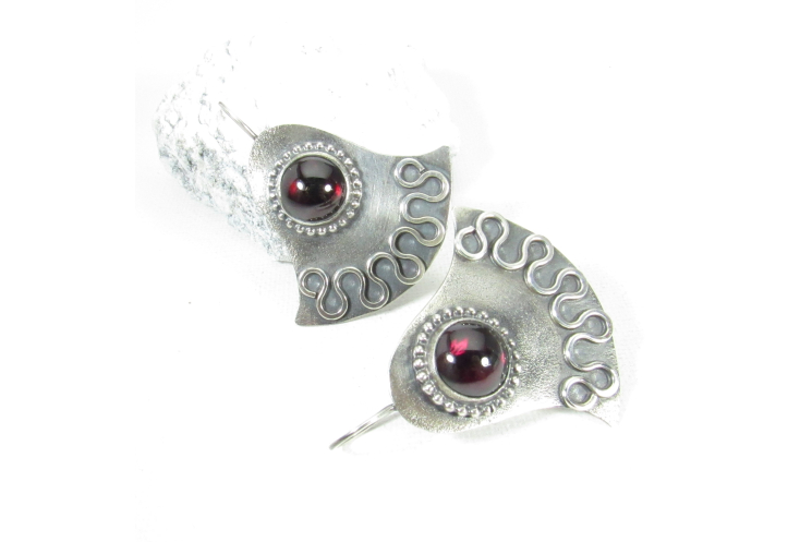 Argentium Sterling Silver Egyptian Lotus Earrings With Large Deep Red Garnets