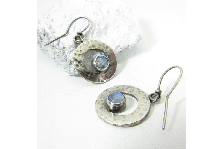 Small Hammered Sterling Silver Moonstone Circle Earrings