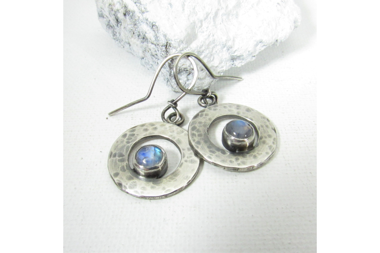 Small Hammered Sterling Silver Moonstone Circle Earrings