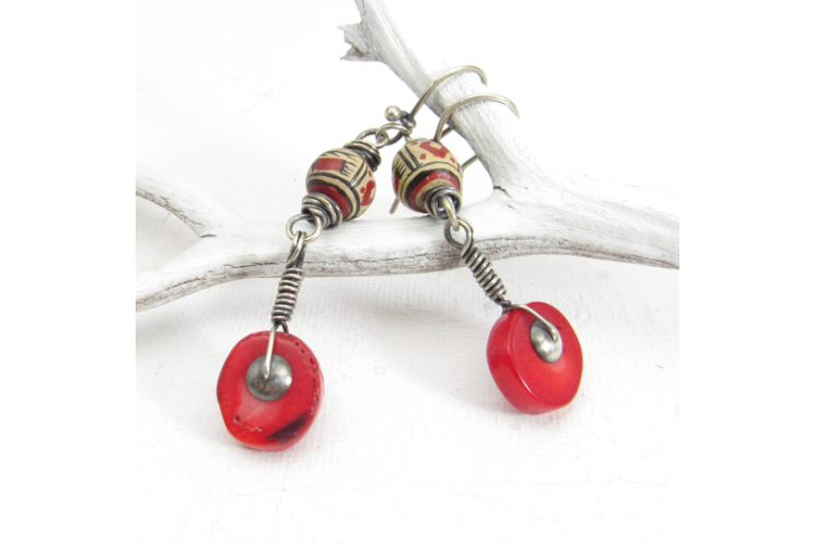 Red Coral And Peruvian Bead Earrings