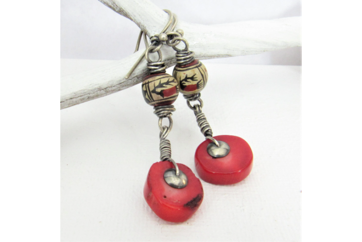 Red Coral And Peruvian Bead Earrings