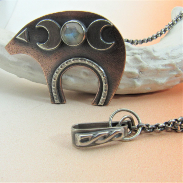 Triple Goddess Celtic Bear Necklace In Mixed Metal With Labradorite Cabochon